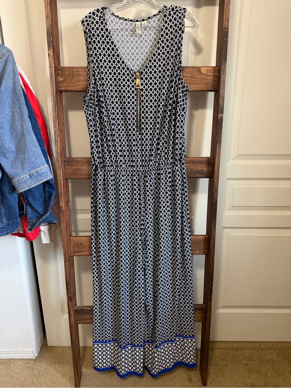 Sleeveless Black & White Geometric Maxi Dress with Zip Detail